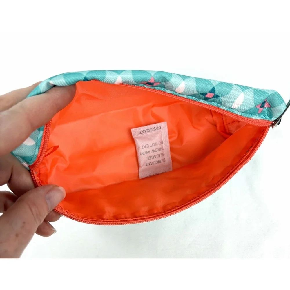 Clinique Cosmetic Pouch Makeup Bag Teal Geometric Circle Print Orange Zip New